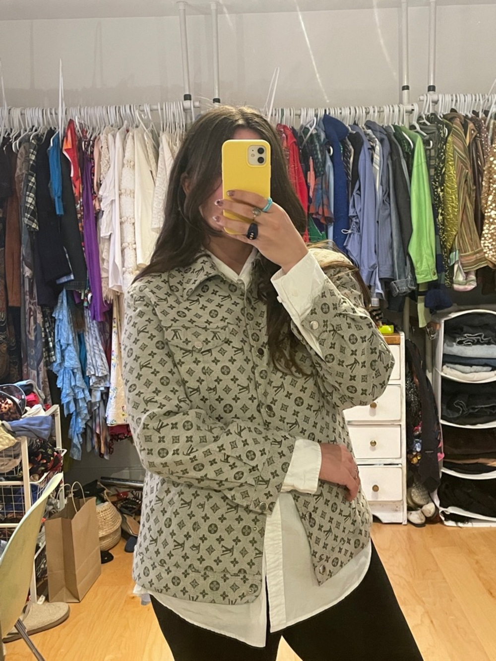 Faux Louis Monogram Print Snap Front Jacket- Olive/Beige